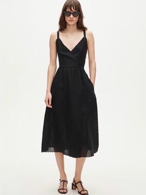 J.Crew 2026 Linen Faux-Wrap Scallop-Trim Midi Dress Black Size 8 NWT